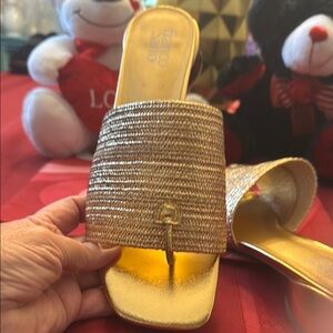 Franco Sarto Gold Sandals with Metallic Bands and Flat Sole